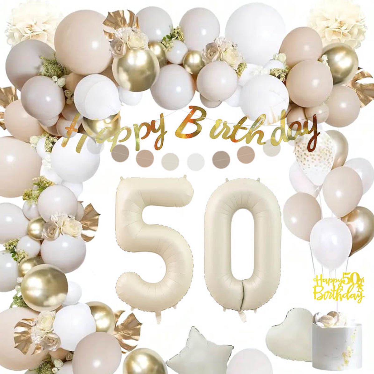 Joya Party® 50 jaar verjaardag feest pakket Beige, Wit en Goud | Versiering Ballonnen voor feest 50 jaar | Vijftig Verjaardag Versiering | Ballonnen slingers opblaasbare cijfers 50